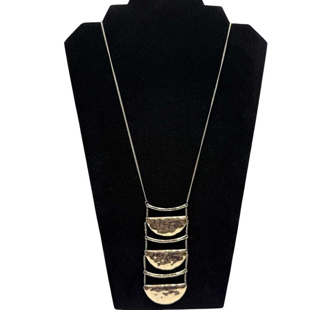 Gold Tone Hammered Half Moon Dangle Pendant Necklace Fashion Jewelry 29.5 in L